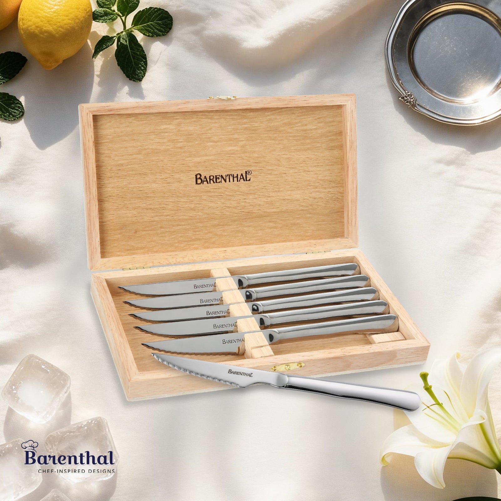 Barenthal 6-Piece Steak Knife Set with Wooden Storage Chest - polished stainless steel steak knives with serrated edges, elegant wooden box for storage and gifting