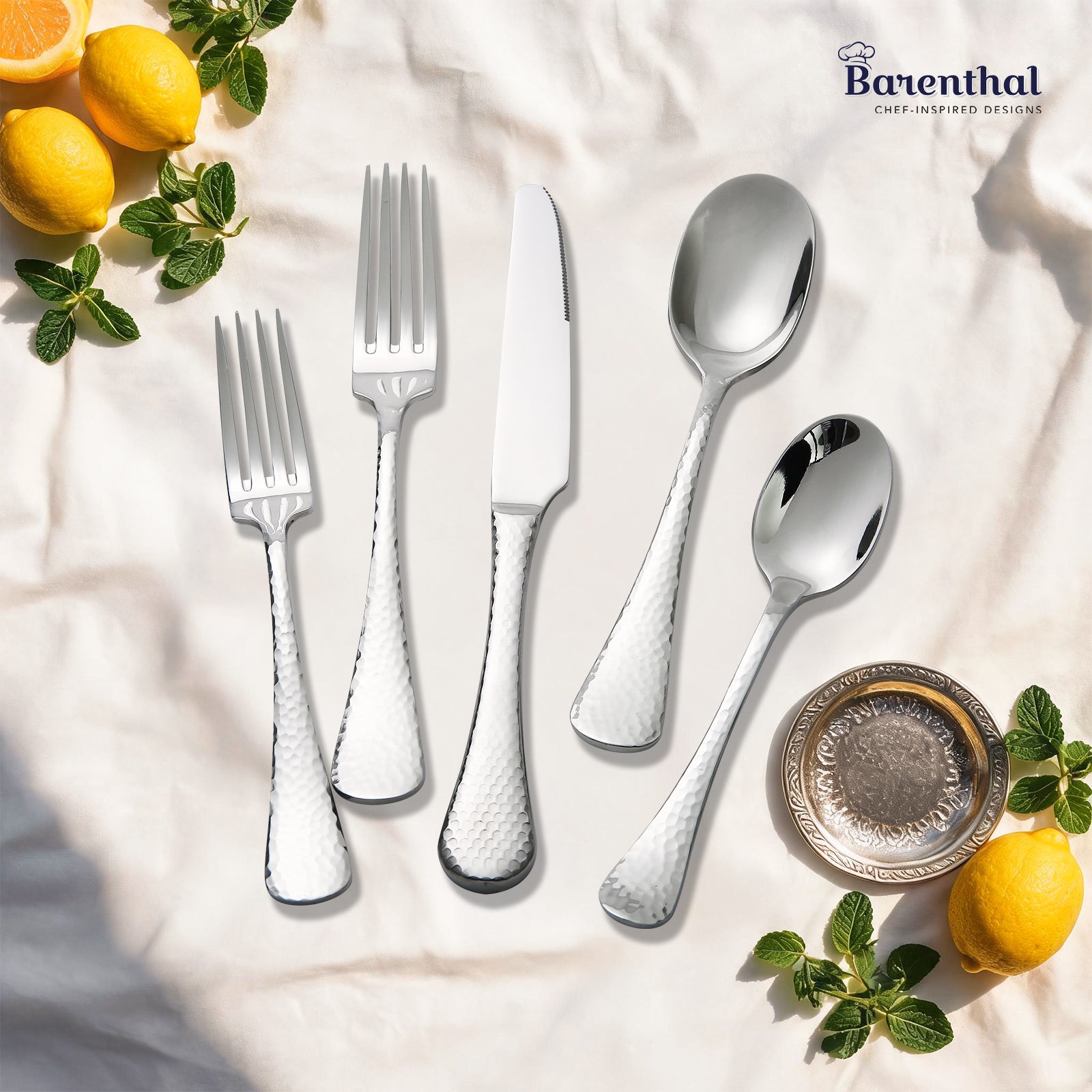Barenthal Bastia 20-Piece Silverware Set, Service for 4 - hammered stainless steel flatware set including forks, knives, spoons