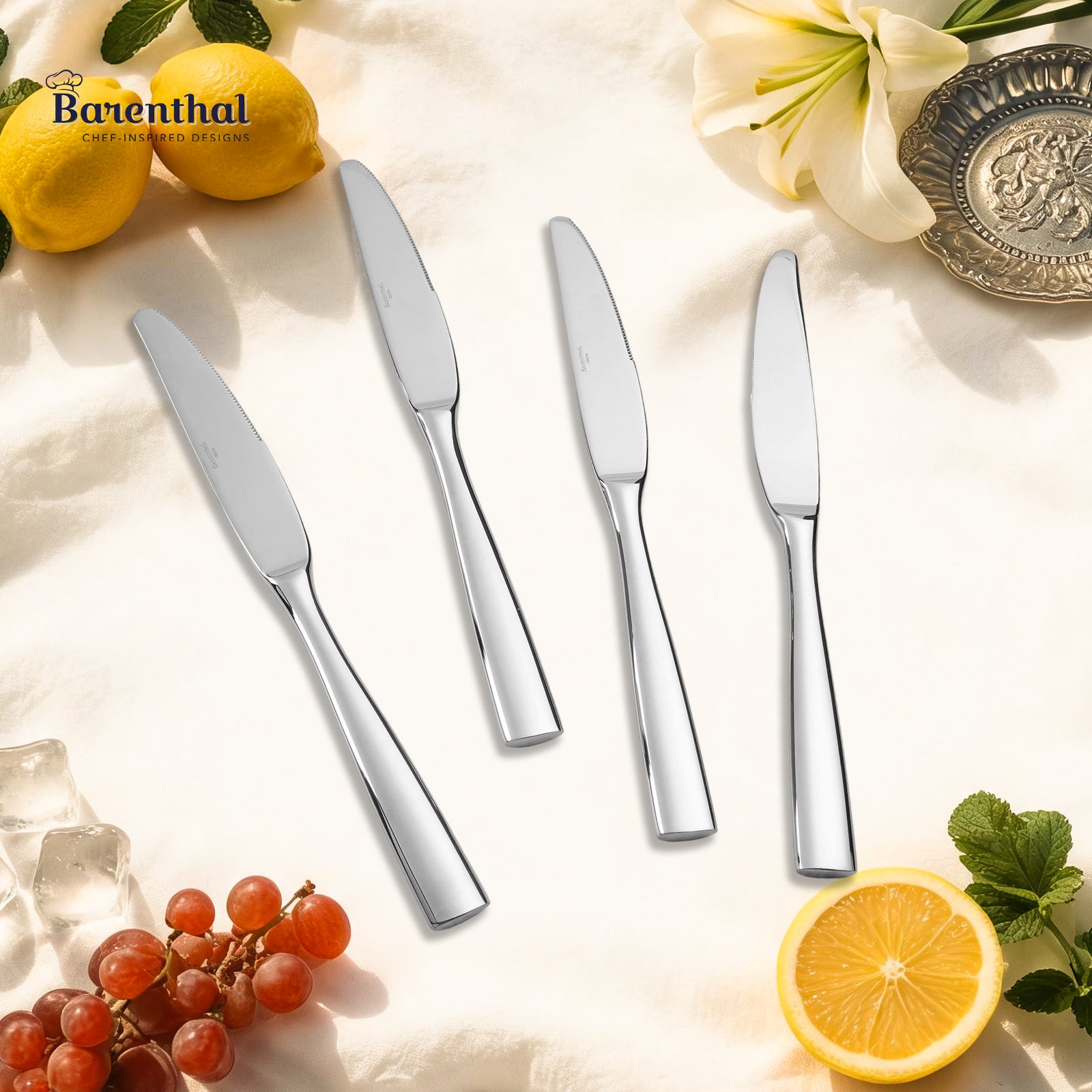 Barenthal Couture Dinner Knives, Set of 4 - polished stainless steel flatware knives, elegant design for everyday dining