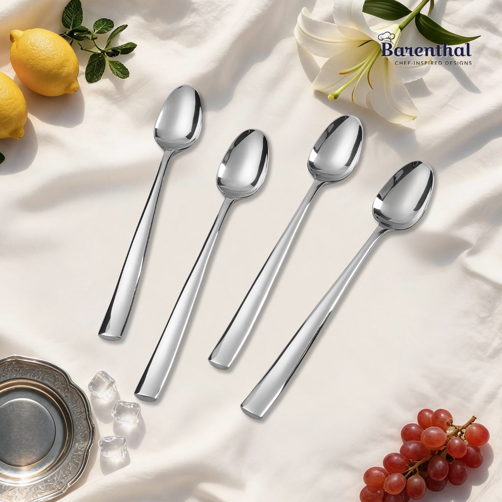 Barenthal Couture Ice Teaspoons, Set of 4 - polished stainless steel long-handled teaspoons, ideal for iced coffee, iced tea, and desserts