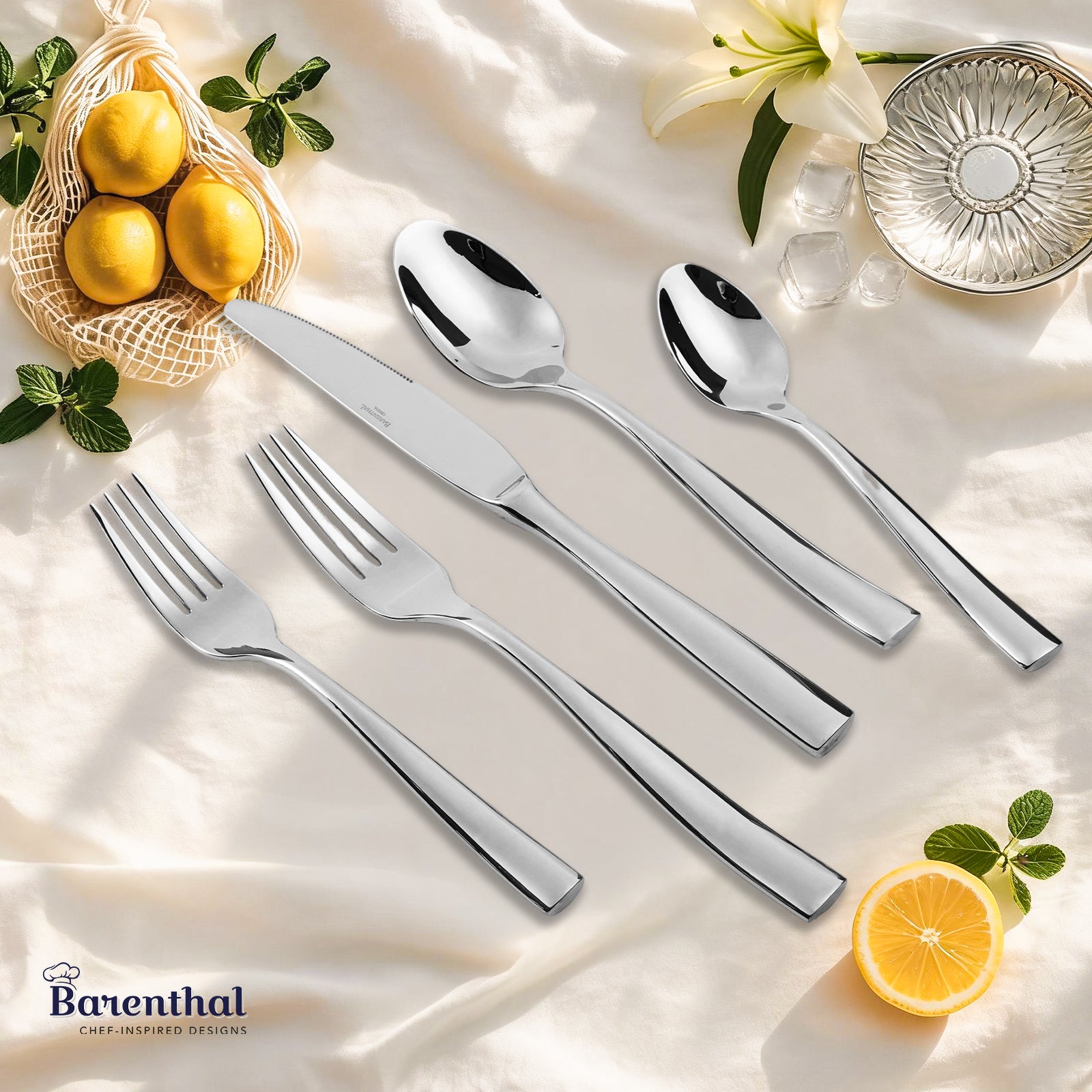 Barenthal Marin Mirror Flatware Set - polished mirror-finish stainless steel cutlery set, includes forks, knives, and spoons for everyday dining
