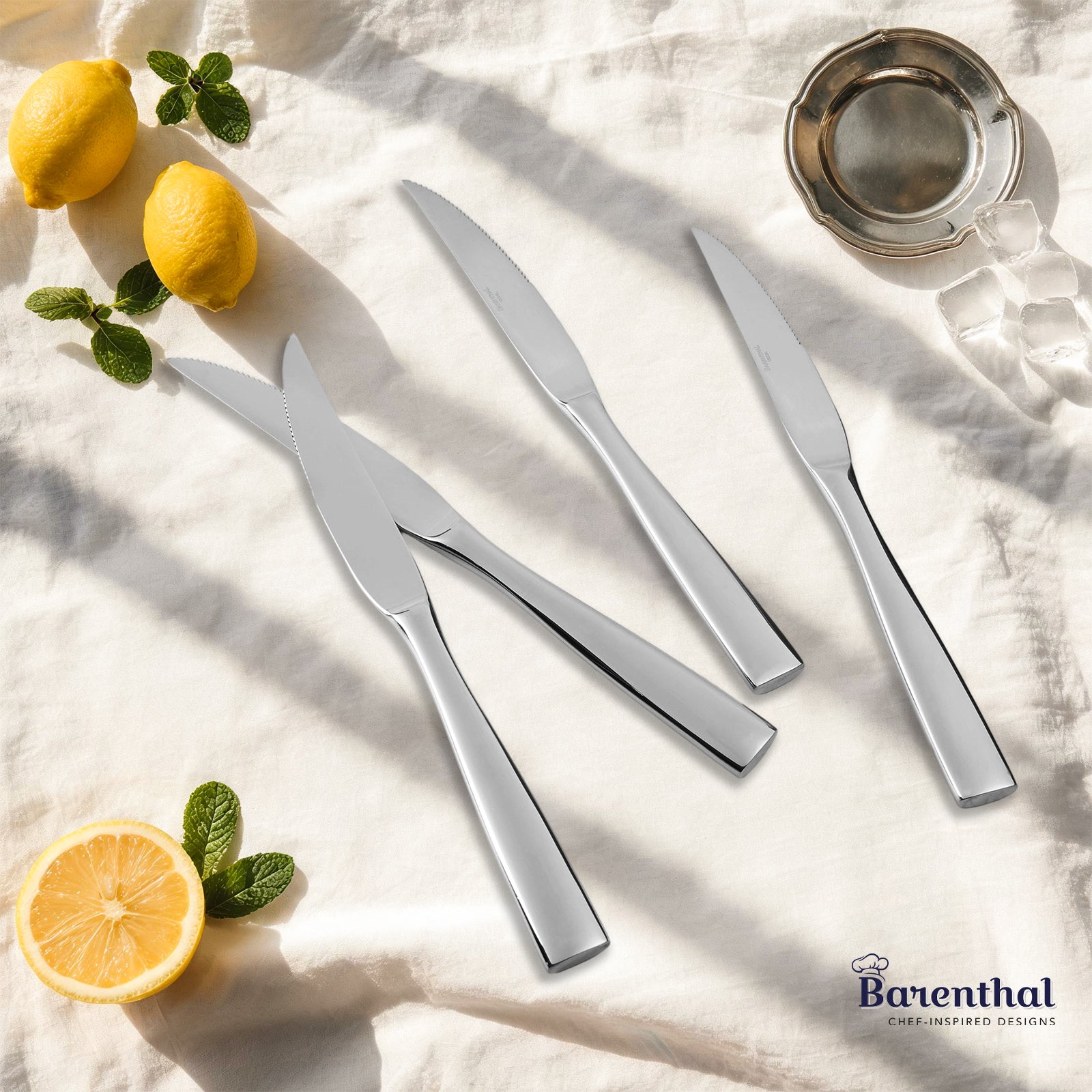 Barenthal Marin Mirror Steak Knives, Set of 4 - polished stainless steel steak knives with sleek handles, ideal for meat and dinner meals