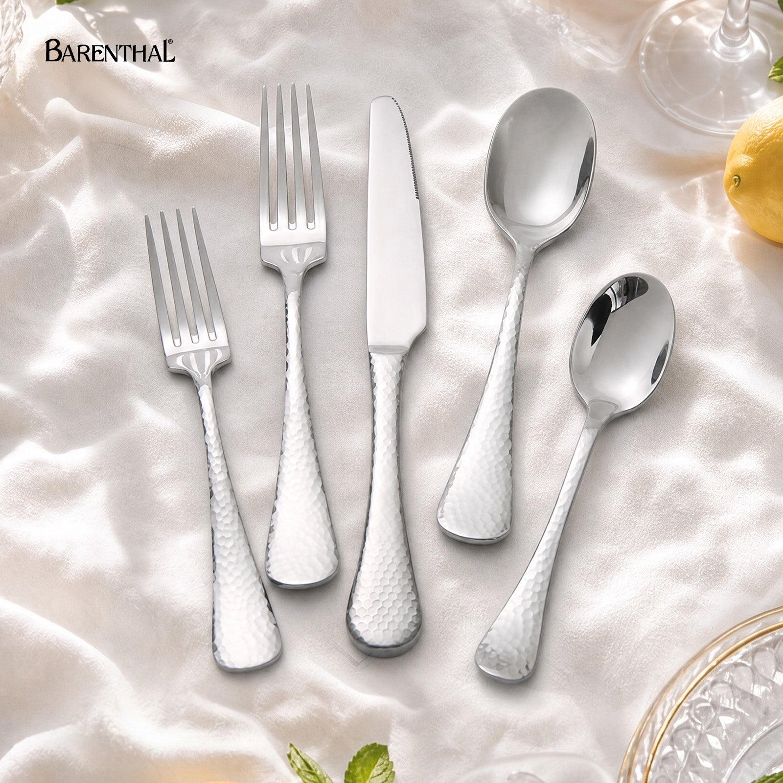 Barenthal Bastia 20-Piece Silverware Set, Service for 4 - hammered stainless steel flatware set including forks, knives, spoons