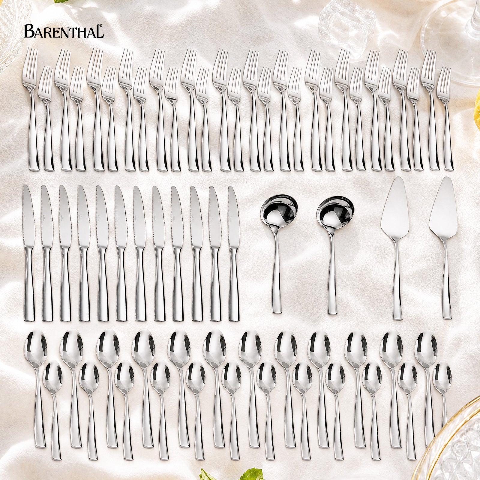 Barenthal Couture 64-Piece Silverware Set for 12 - complete stainless steel flatware set including forks, knives, spoons, ladles and serving utensils