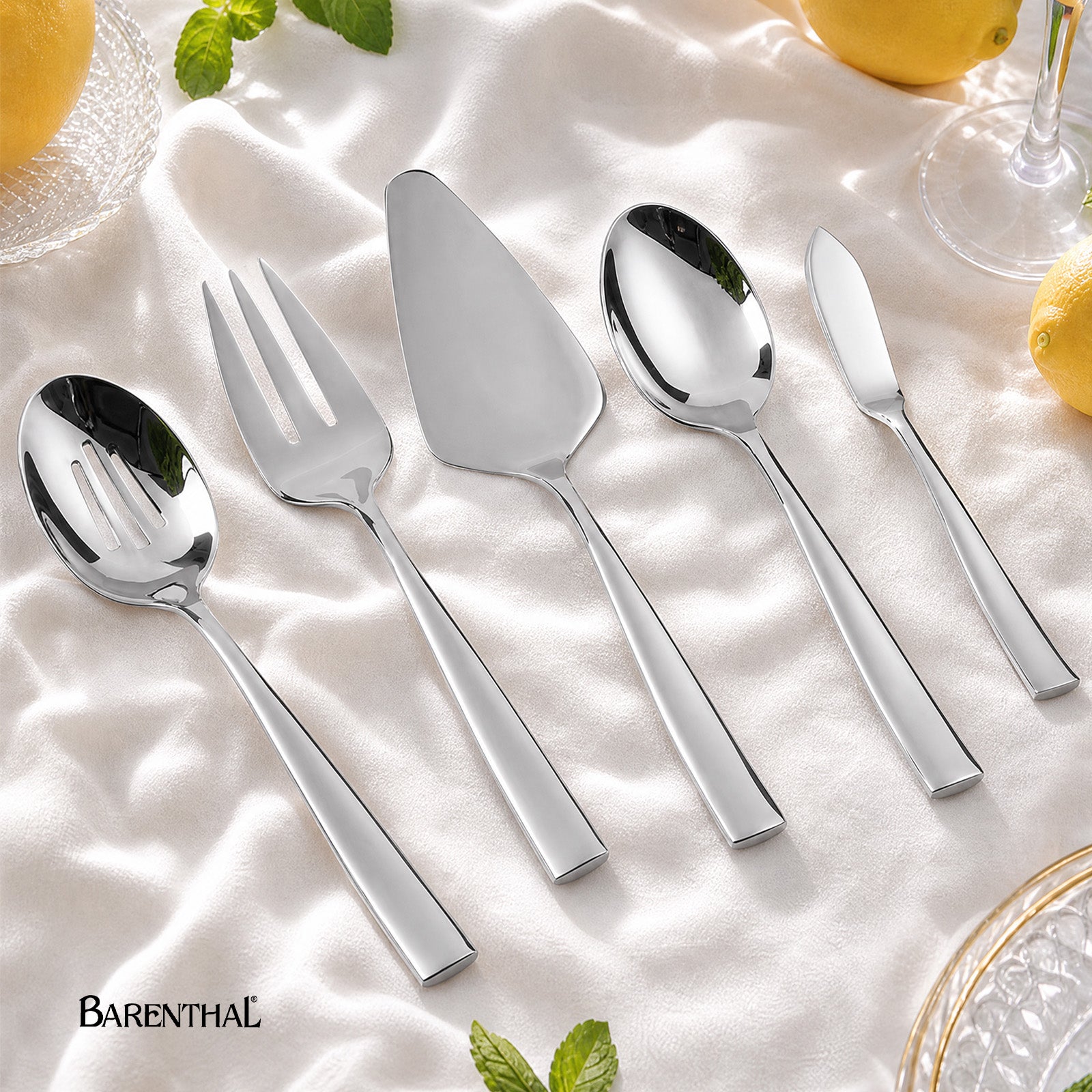 Barenthal Marin Mirror 5-Piece Serving Set - polished stainless steel serving utensils, includes butter knife, serving spoon, slotted spoon, serving fork, and cake server