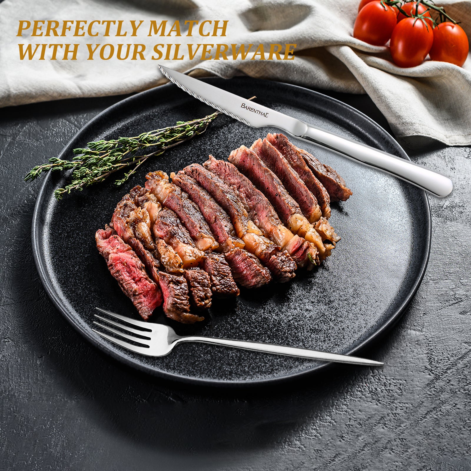 Barenthal 6-piece stainless steel steak knife set with a wooden storage box, featuring sharp blades and comfortable handles, suitable for home dining and cutting steak.
