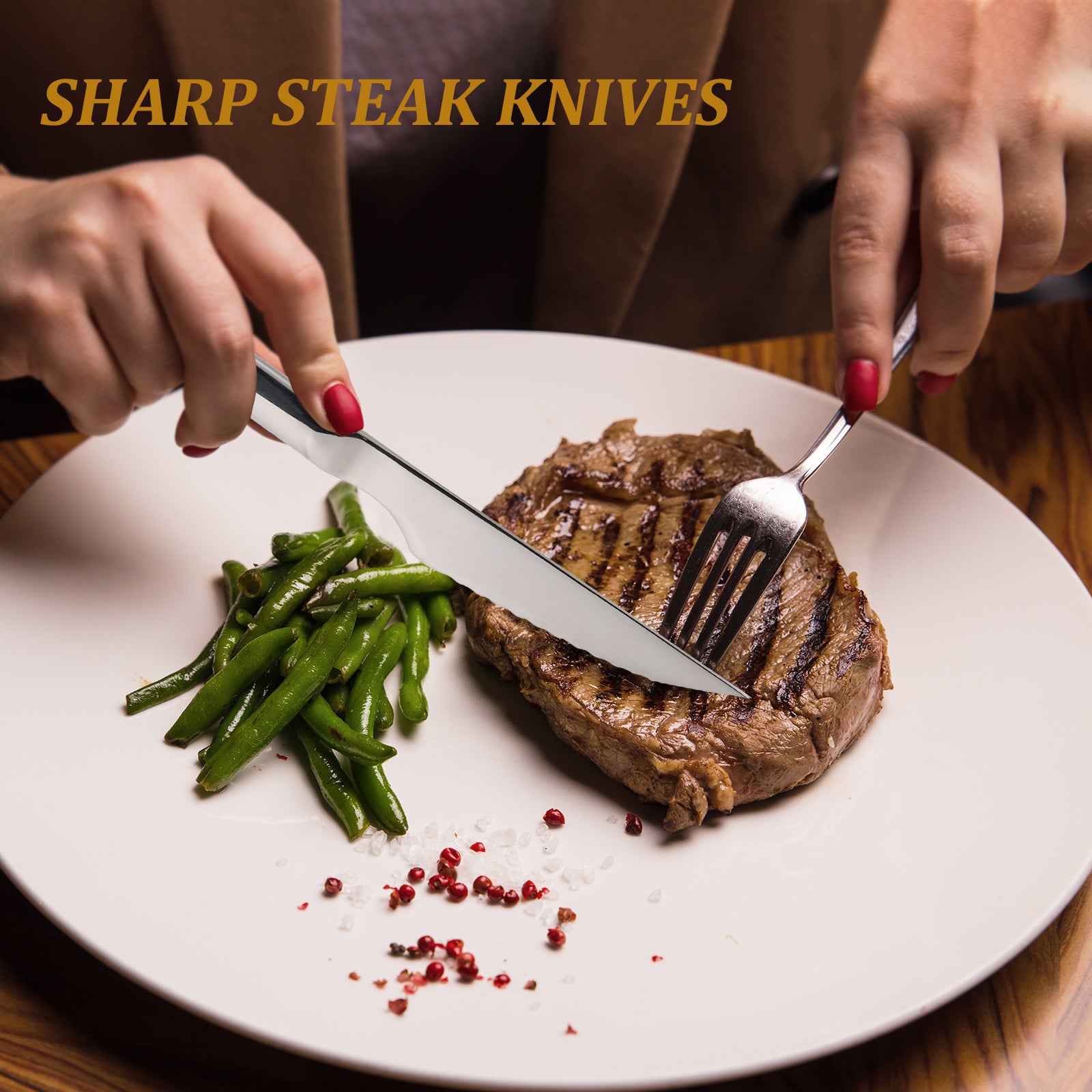 Barenthal 6-piece stainless steel steak knife set with wooden storage box, featuring sharp blades suitable for cutting steak and various meats.